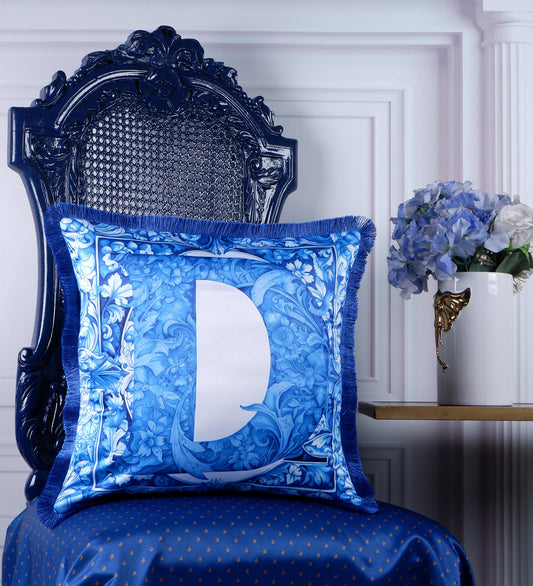 THE WHITE INK DECOR Premium Satin Cushion Cover Crafted with Fringe Edging and Concealed Letter D