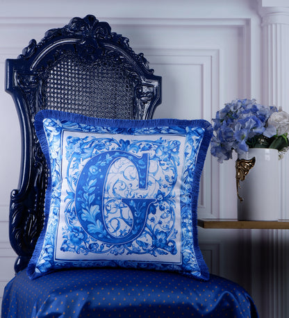 THE WHITE INK DECOR Premium Satin Cushion Cover Crafted with Fringe Edging and Concealed Letter G