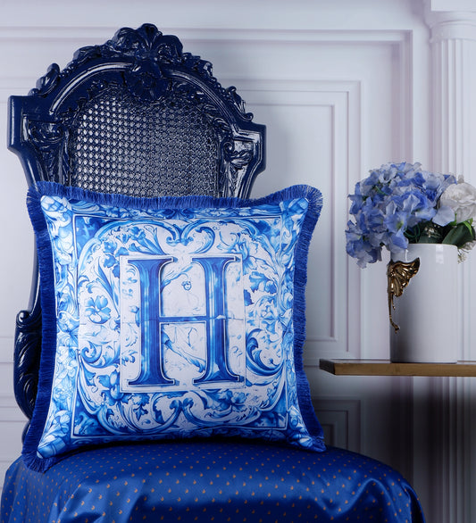 THE WHITE INK DECOR Premium Satin Cushion Cover Crafted with Fringe Edging and Concealed Letter H 169