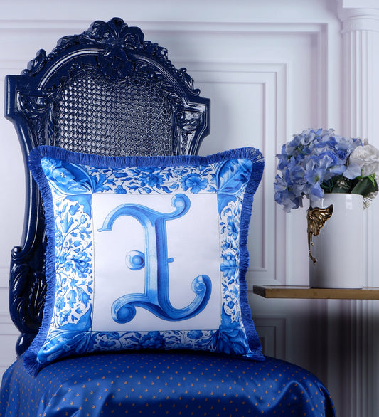 THE WHITE INK DECOR Premium Satin Cushion Cover Crafted with Fringe Edging and Concealed Letter I