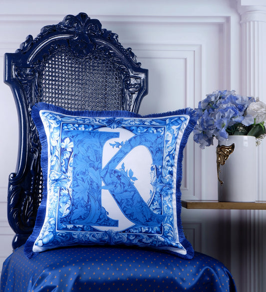 THE WHITE INK DECOR Premium Satin Cushion Cover Crafted with Fringe Edging and Concealed Letter K