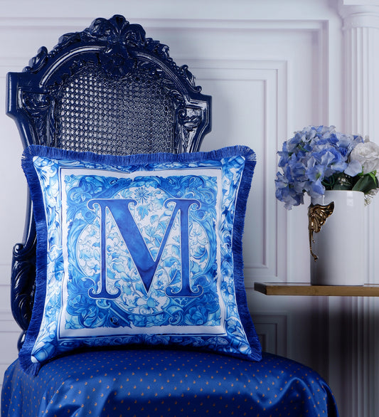 THE WHITE INK DECOR Premium Satin Cushion Cover Crafted with Fringe Edging and Concealed Letter M