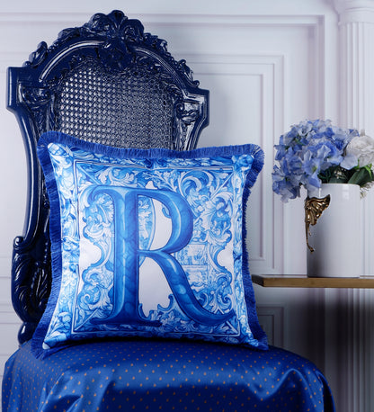 THE WHITE INK DECOR Quintessence of Elegance: Indigo Story Fine Satin Cushion Cover - Letter R Lifestyle