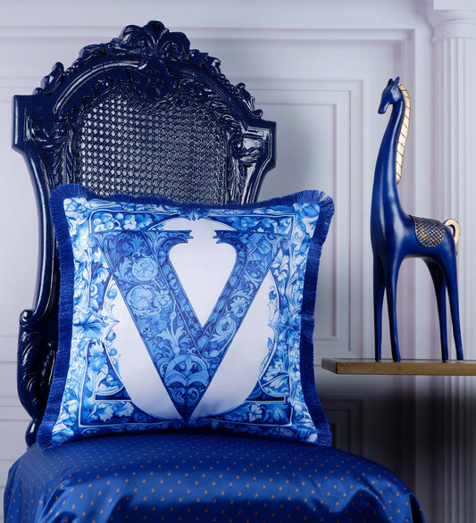 THE WHITE INK DECOR Premium Satin Cushion Cover Crafted with Fringe Edging and Concealed Letter V