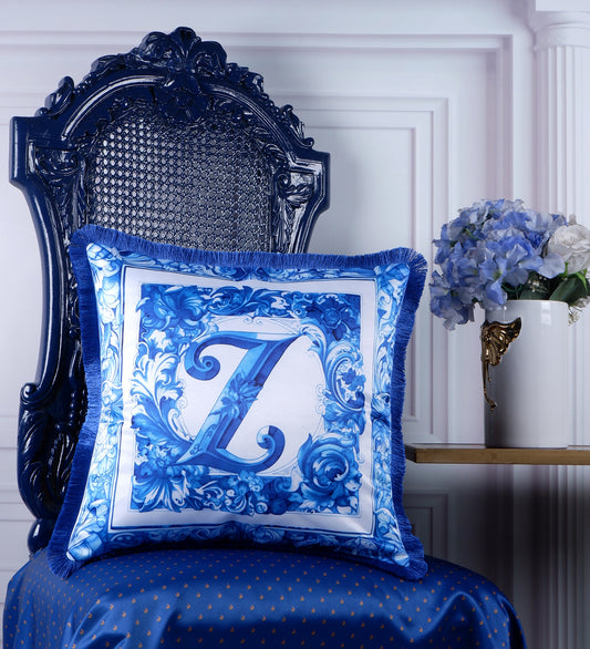 THE WHITE INK DECOR Premium Satin Cushion Cover Printed Letter Z Crafted with Fringe Edging and Concealed