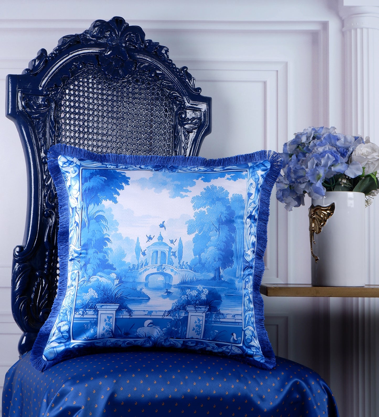 THE WHITE INK DECOR Indigo Motif with a Delicate Floral Border fine Satin Cushion Cover with Fringe Edging and Concealed