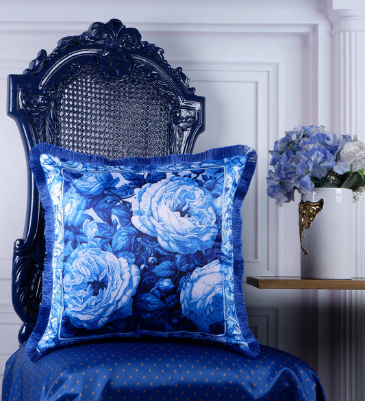 THE WHITE INK DECOR Indigo Motif with a Delicate Floral Border fine Satin Cushion Cover with Fringe Edging and Concealed  1172 203