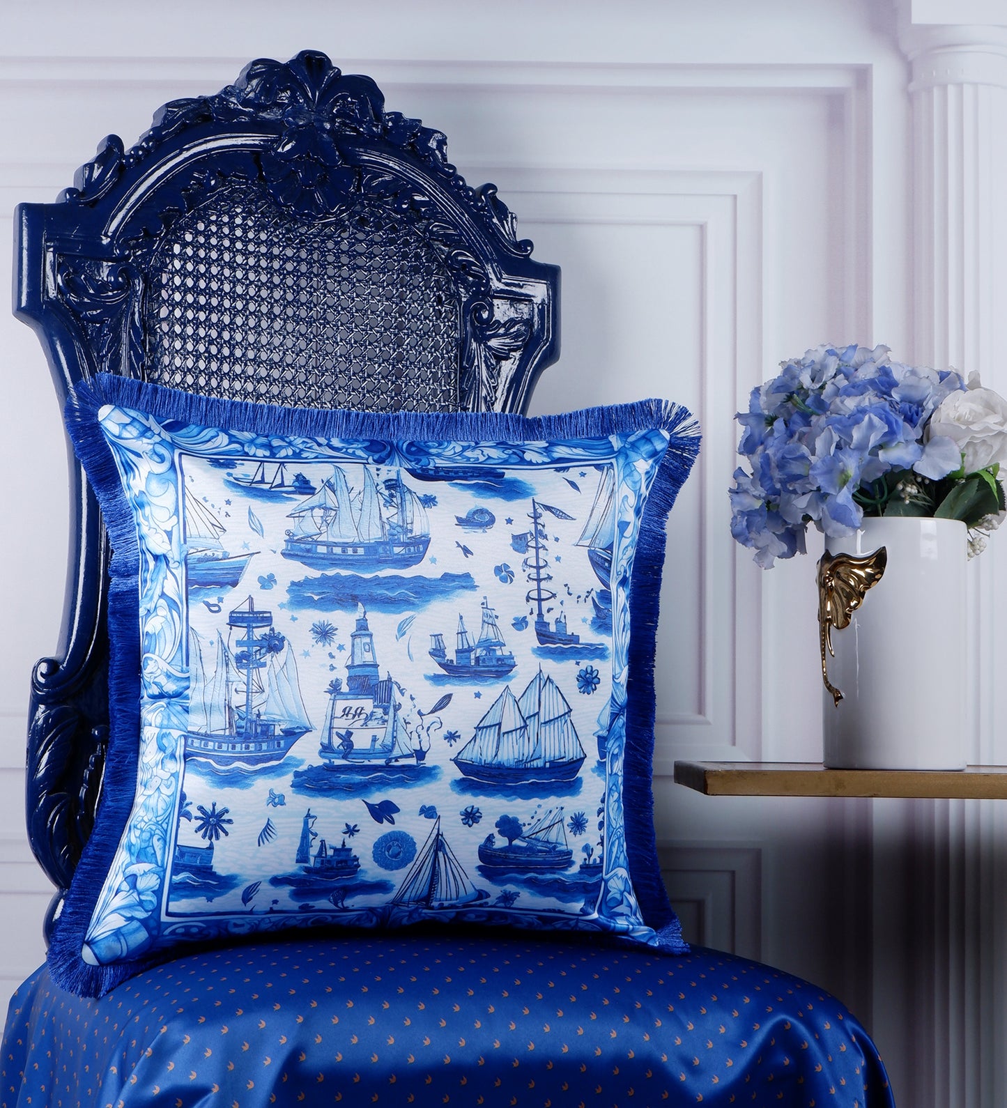 THE WHITE INK DECOR Indigo Motif fine Satin Cushion Cover with Fringe Edging and Concealed. Decorative Throw Pillow Covers for Sofa. Primary Colors are White and Blue 214