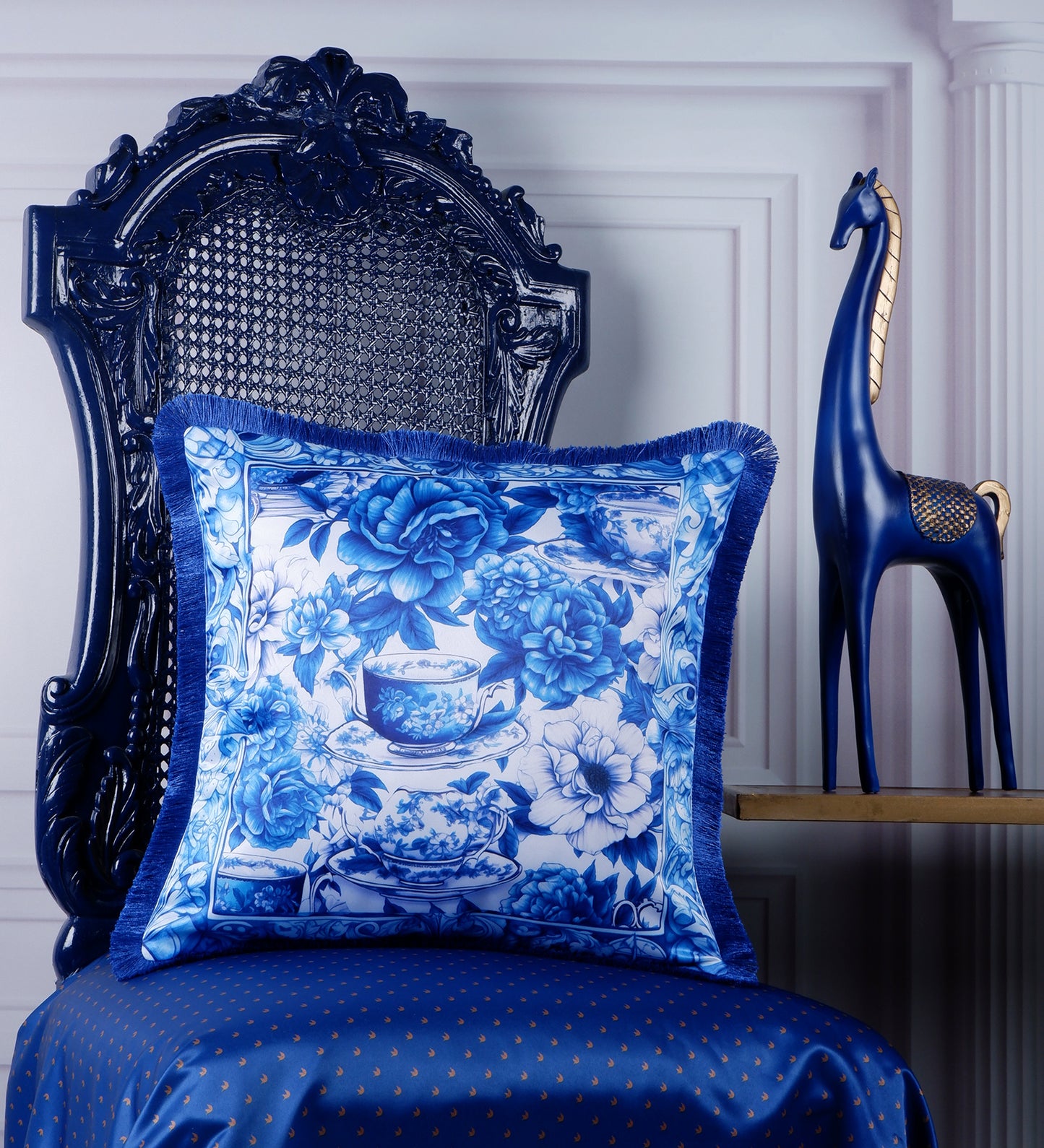 THE WHITE INK DECOR Indigo Motif fine Satin Cushion Cover with Fringe Edging and Concealed. Decorative Throw Pillow Covers for Sofa. Primary Colors are White and Blue 216