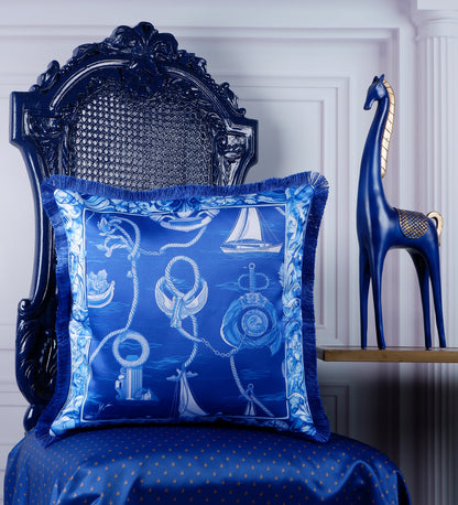 THE WHITE INK DECOR Indigo Motif fine Satin Cushion Cover with Fringe Edging and Concealed. Decorative Throw Pillow Covers for Sofa. Primary Colors are White and Blue 218