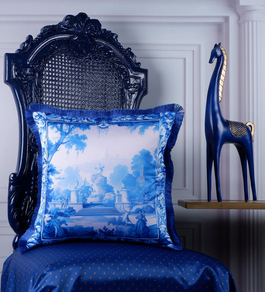 THE WHITE INK DECOR Indigo Motif with a Delicate Floral Border fine Satin Cushion Cover with Fringe Edging and Concealed  Lifestyle 222