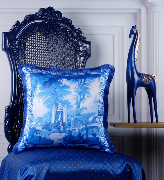 THE WHITE INK DECOR fine Satin Delicate Floral Border Cushion Cover with Blue Fringe Edging and Concealed  Lifestyle 224