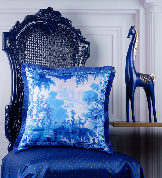 THE WHITE INK DECOR fine Satin Delicate Floral Border Cushion Cover with Blue Fringe Edging and Concealed  Lifestyle 225