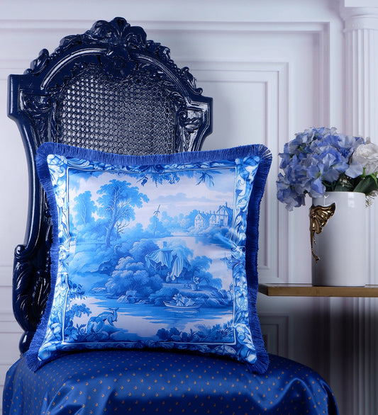 THE WHITE INK DECOR fine Satin Delicate Floral Border Cushion Cover with Blue Fringe Edging and Concealed  Lifestyle 227