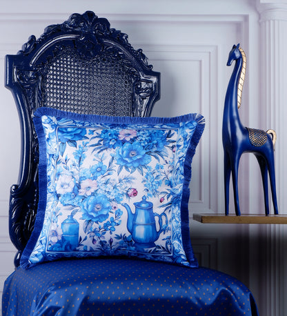 THE WHITE INK DECOR fine Satin Delicate Floral Border Cushion Cover with Blue Fringe Edging and Concealed  Lifestyle 229