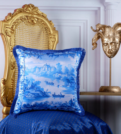 THE WHITE INK DECOR fine Satin Delicate Floral Border Cushion Cover with Blue Fringe Edging and Concealed  Lifestyle 230