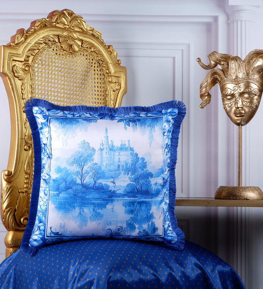 THE WHITE INK DECOR fine Satin Delicate Floral Border Cushion Cover with Blue Fringe Edging and Concealed  Lifestyle 231