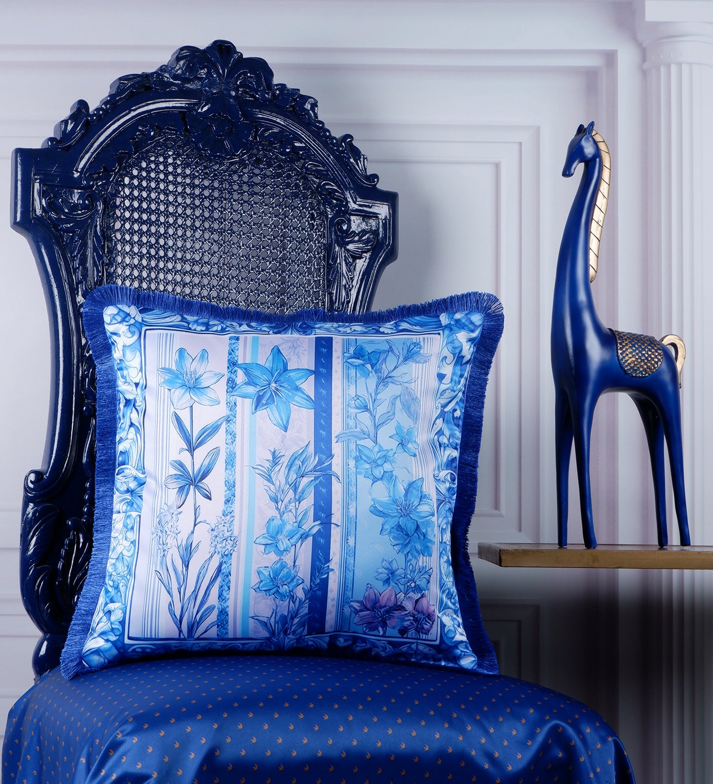 THE WHITE INK DECOR fine Satin Delicate Floral Border Cushion Cover with Blue Fringe Edging and Concealed  Lifestyle 232