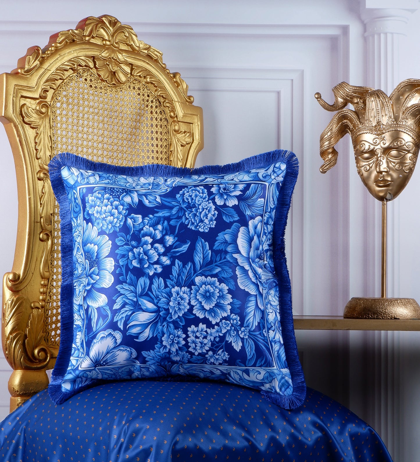 THE WHITE INK DECOR fine Satin Delicate Floral Border Cushion Cover with Blue Fringe Edging and Concealed  Lifestyle 233