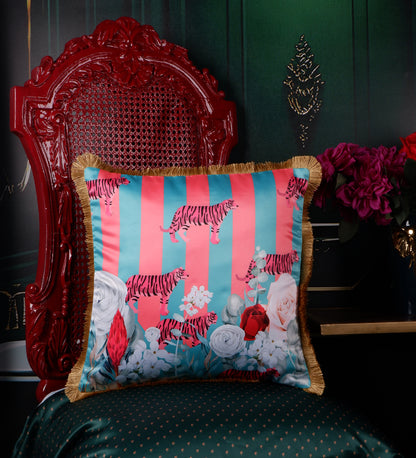 THE WHITE INK DECOR Tropical Elegance: Cushion Cover Bright Captivating Prints with Fringe Edging Set of Five