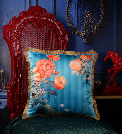 THE WHITE INK DECOR Satin Tropical Print Cushion Cover with Gold Fringe. Decorative Throw Pillow Covers for Sofa. Primary Colors are Red and Blue