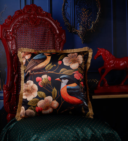 THE WHITE INK DECOR Elegance: Cushion Cover with Tropical Prints and Fringe Edging Set of Five