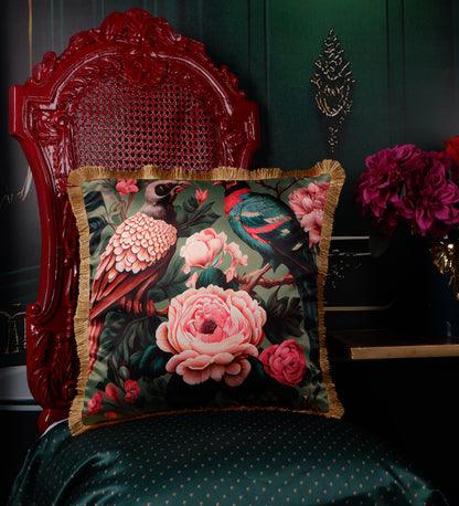 THE WHITE INK DECOR Elegance: Cushion Cover with Tropical Prints and Fringe Edging Set of Five