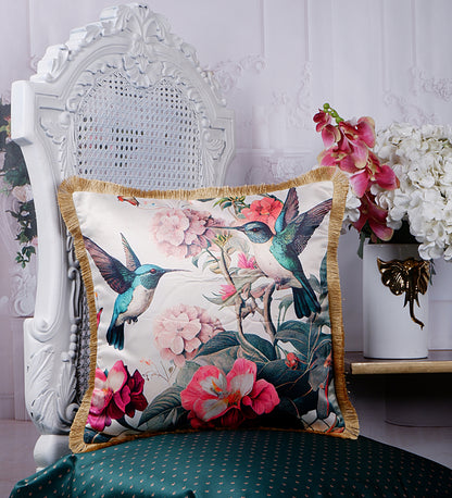 THE WHITE INK DECOR Premium Satin Prismatic Floral Print Cushion Cover with Fringe Edging and Concealed  Lifestyle