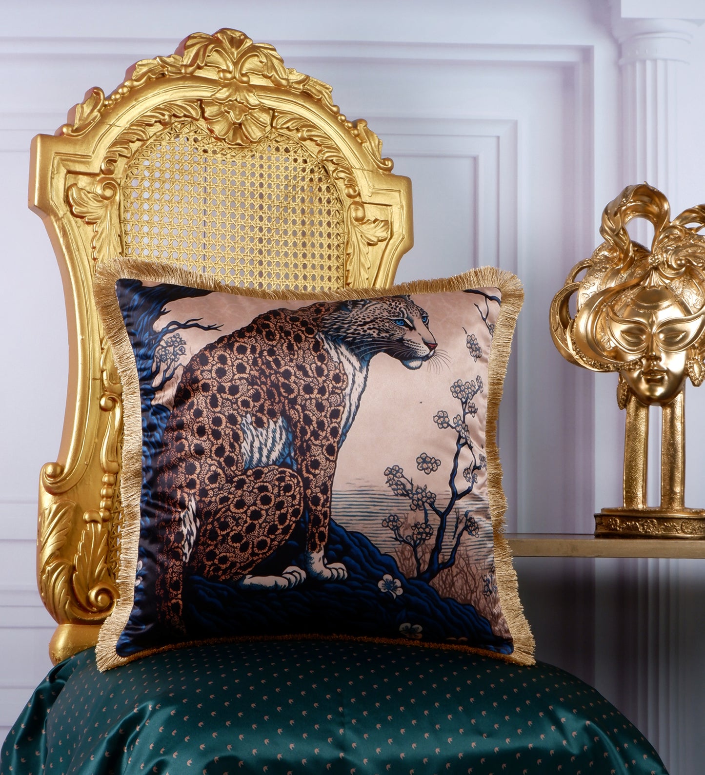 THE WHITE INK DECOR Premium Satin Leopard Printed Cushion Cover with Fringe Edging and Concealed  Lifestyle