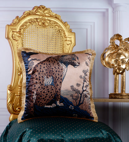 THE WHITE INK DECOR Premium Satin Leopard Printed Cushion Cover with Fringe Edging and Concealed  Lifestyle