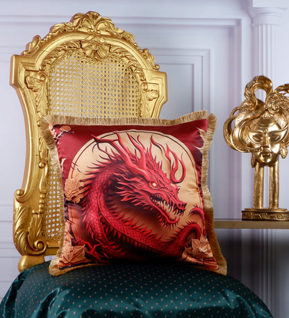 THE WHITE INK DECOR Dragon Paradise: Premium Satin Cushion Cover with Fringe Edging. Decorative Throw Pillow Covers for Sofa. Primary Colors are Beige and Blue