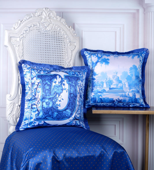 THE WHITE INK DECOR Premium Satin Cushion Cover Crafted with Fringe Edging and Concealed  Letter U