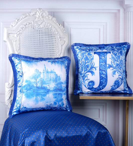 THE WHITE INK DECOR Premium Satin Cushion Cover Crafted with Fringe Edging and Concealed Letter J