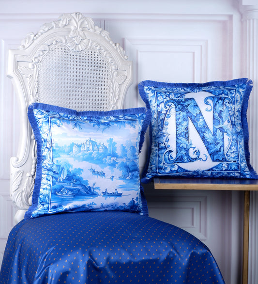 THE WHITE INK DECOR Premium Satin Cushion Cover Crafted with Fringe Edging and Concealed Letter N