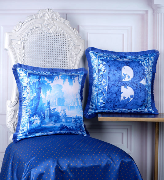 THE WHITE INK DECOR Premium Satin Cushion Cover Crafted with Fringe Edging and Concealed Letter B