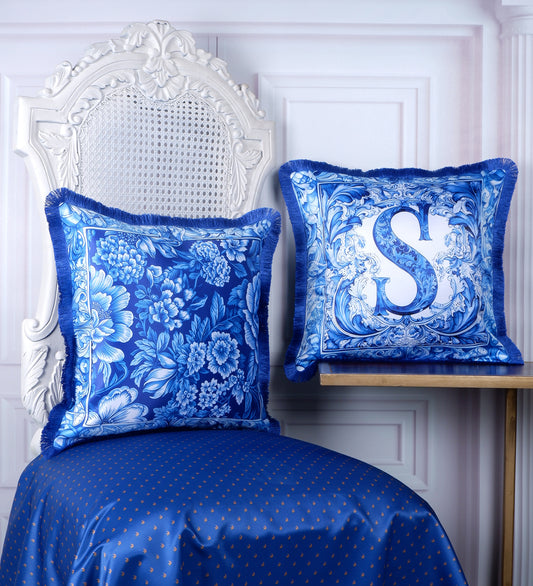 THE WHITE INK DECOR Premium Satin Cushion Cover Crafted with Fringe Edging and Concealed Letter S