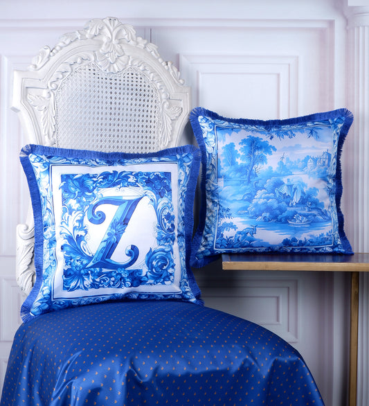 THE WHITE INK DECOR Premium Satin Cushion Cover Printed Letter Z Crafted with Fringe Edging and Concealed