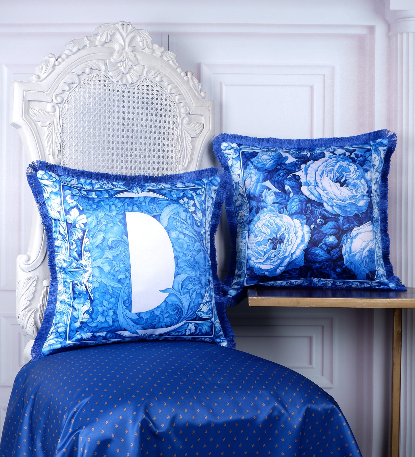 THE WHITE INK DECOR Premium Satin Cushion Cover Crafted with Fringe Edging and Concealed Letter D