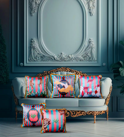 THE WHITE INK DECOR Tropical Elegance: Cushion Cover Bright Captivating Prints with Fringe Edging Set of Five