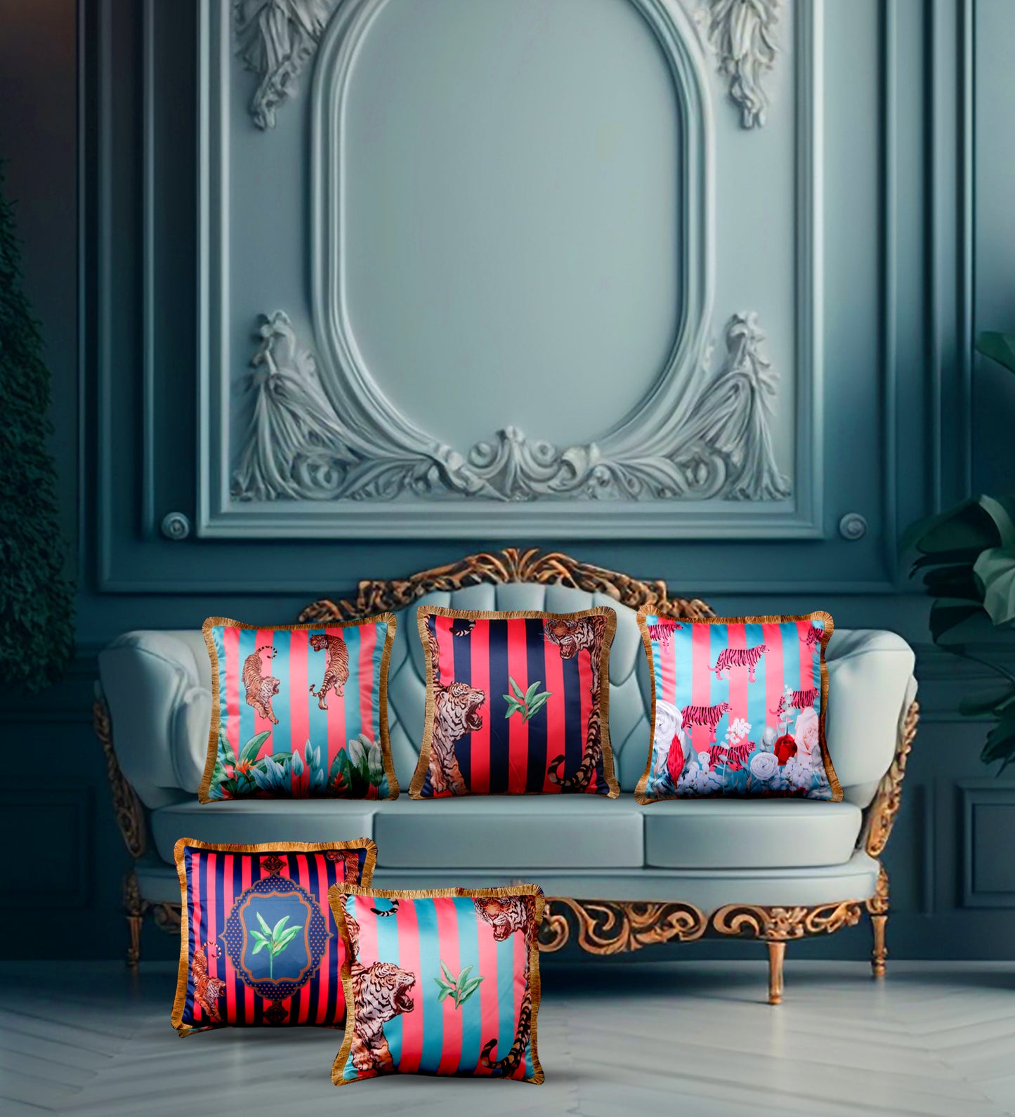 THE WHITE INK DECOR Tropical Elegance: Cushion Cover Bright Captivating Prints with Fringe Edging Set of Five