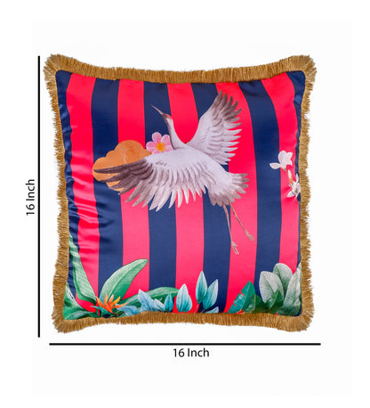 THE WHITE INK DECOR Tropical Paradise: Premium Satin Cushion Cover with Fringe Edging. Decorative Throw Pillow Covers for Sofa. Primary Colors are Pink and Blue