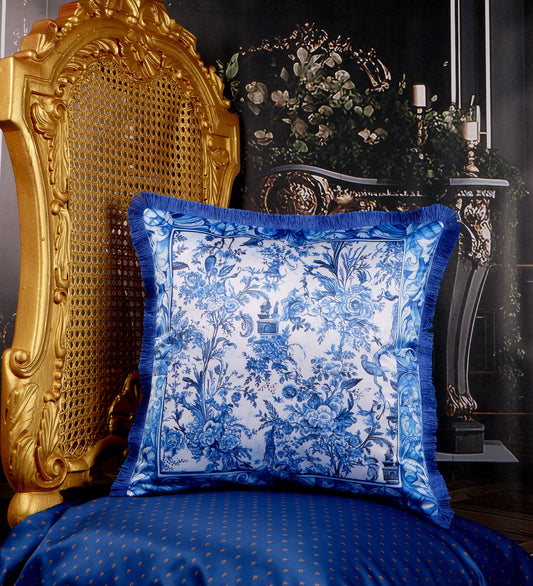 THE WHITE INK DECOR Indigo Motif with a Delicate Floral Border fine Satin Cushion Cover with Fringe Edging and Concealed Lifestyle