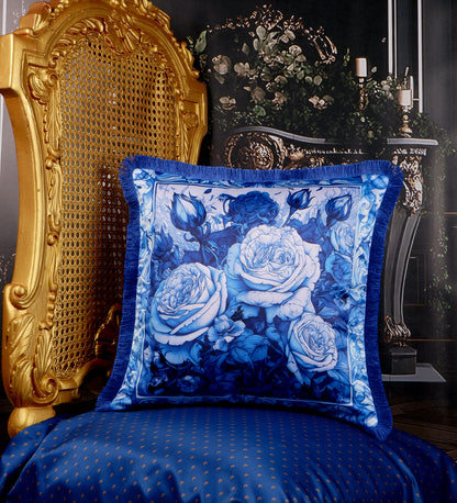 THE WHITE INK DECOR Indigo Motif with a Delicate Floral Border fine Satin Cushion Cover with Fringe Edging and Concealed  Lifestyle 221