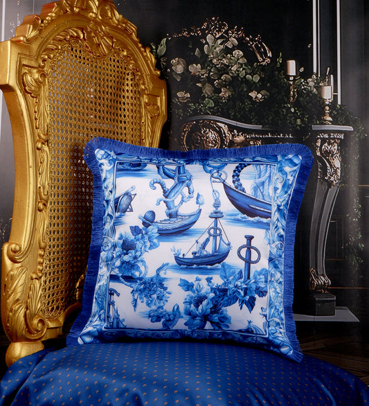 THE WHITE INK DECOR Indigo Motif with a Delicate Floral Border fine Satin Cushion Cover with Fringe Edging and Concealed  Lifestyle 223