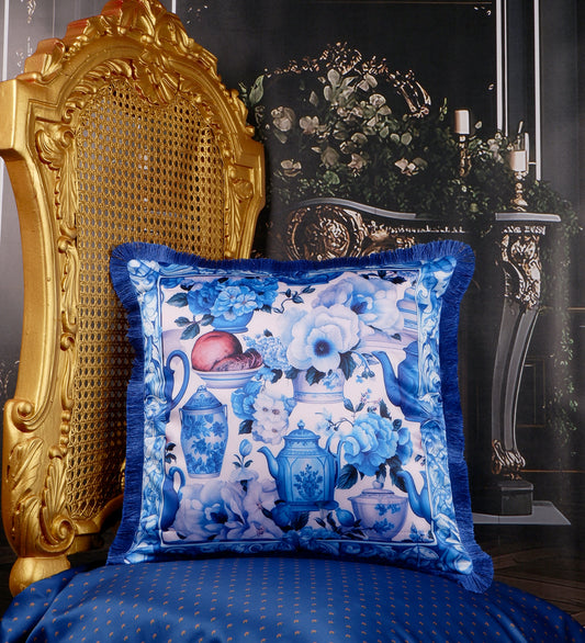 THE WHITE INK DECOR Indigo Motif fine Satin Cushion Cover with Fringe Edging and Concealed. Decorative Throw Pillow Covers for Sofa. Primary Colors are White and Blue 217