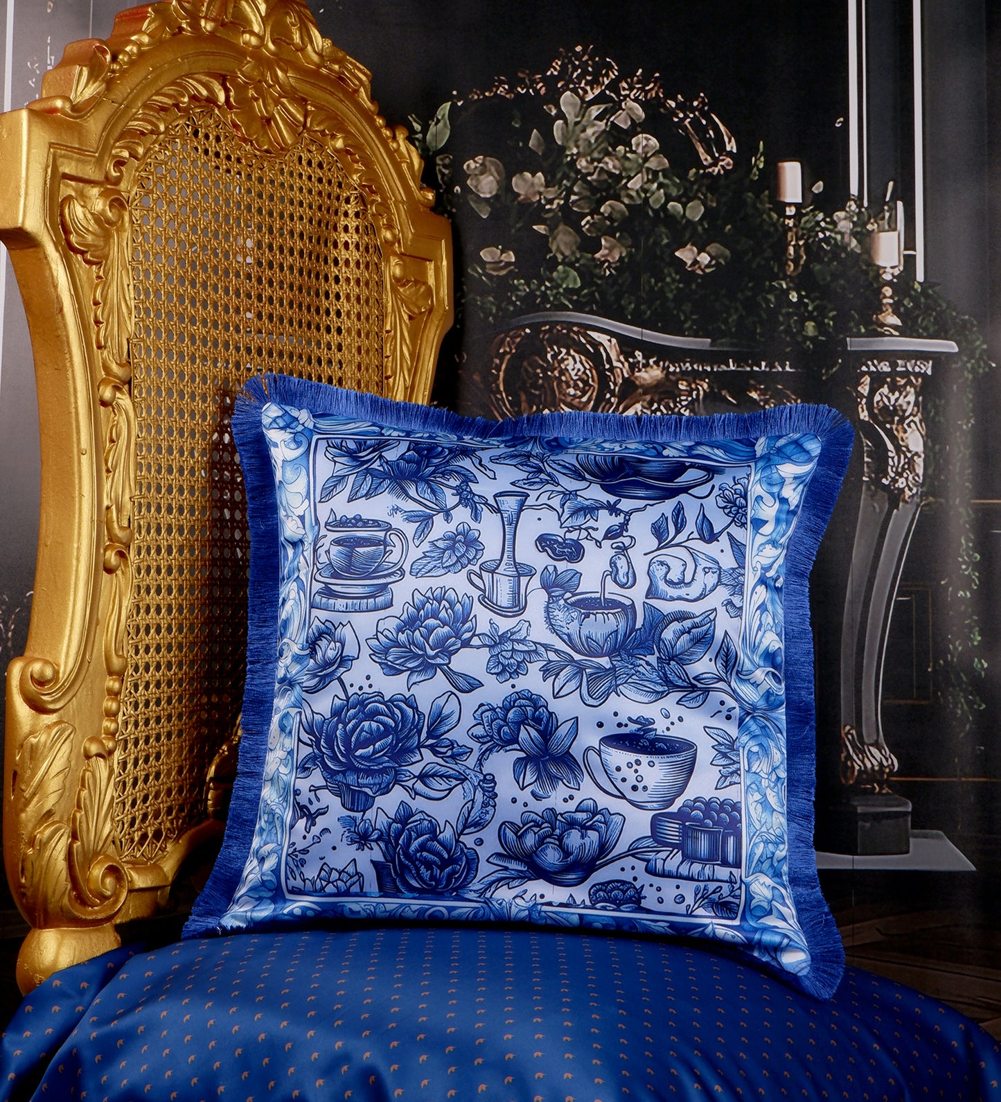 THE WHITE INK DECOR Indigo Motif fine Satin Cushion Cover with Blue Fringe Edging and Concealed  Lifestyle