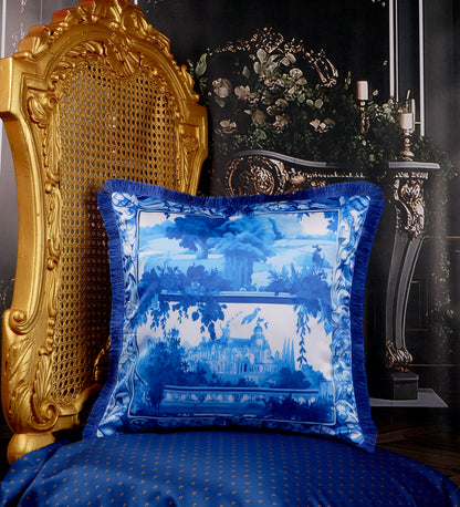 THE WHITE INK DECOR Indigo Motif with a Delicate Floral Border fine Satin Cushion Cover with Fringe Edging and Concealed 245