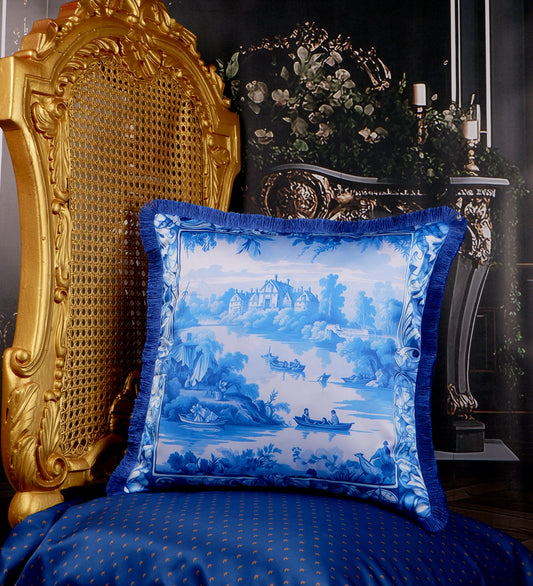 THE WHITE INK DECOR fine Satin Delicate Floral Border Cushion Cover with Blue Fringe Edging and Concealed  Lifestyle 228