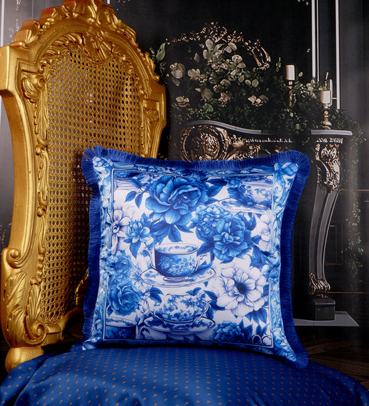 THE WHITE INK DECOR Indigo Motif with a Delicate Floral Border fine Satin Cushion Cover with Fringe Edging and Concealed  Lifestyle4 244