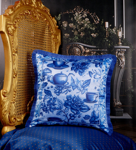 THE WHITE INK DECOR fine Satin Delicate Floral Border Cushion Cover with Blue Fringe Edging and Concealed  Lifestyle 226